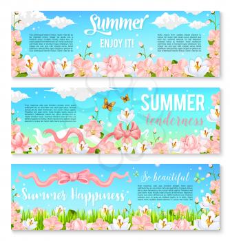 Enjoy summer banners of blooming orchids or crocuses and floral bouquets of daffodils flowers in green grass field. Vector design of summer nature in blooom and floral bunches for summertime