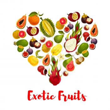 Heart with exotic fruits poster. Fresh tropical orange, papaya, feijoa, dragon fruit, carambola, guava, lychee, passion fruit, fig, durian, rambutan, mangosteen, tamarillo fruits. Food, drink design