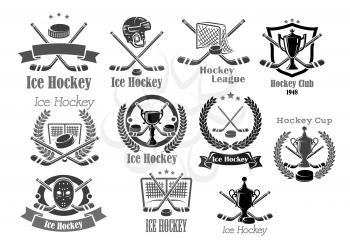 Hockey club icons templates set for championship tournament award. Vector puck and hockey-stick, goal keeper mask or safety helmet. Symbols of victory cup or champion winner laurel wreath with ribbon 