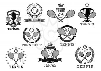 Tennis club awards vector badges set. Isolated icons of of tennis ball and rackets, victory laurel wreath ribbon and winner cup goblet with crown of stars for sport championship or tournament prize sy