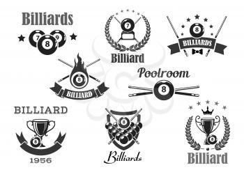 Billiards club or poolroom sport game tournament awards vector icons. Isolated symbols or badges of pool cues and balls, victory goblet cup, champion winner laurel wreath with crown and stars