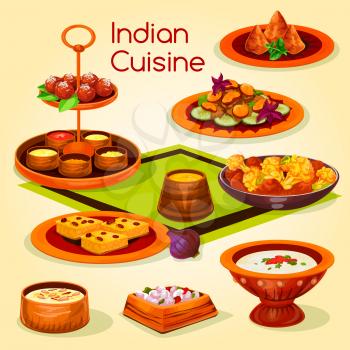 Indian cuisine lunch with dessert cartoon icon. Chicken baked with vegetable, potato samosa, tomato yogurt sauce, mushroom stew, rice dessert with nut, deep fried milk cake, semolina pastry