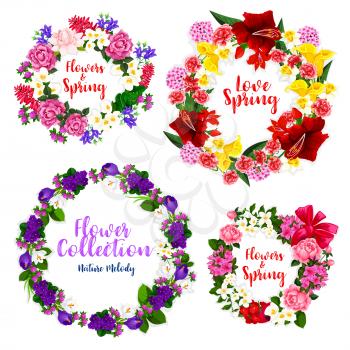 Spring flower wreath and floral frame border of rose, narcissus, crocus, peony, bell flower, violet, jasmine, carnation, calla, wild flower and green leaves. Spring greetings, floral decoration design