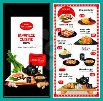 Japanese cuisine vector menu for smoked eel nigiri sushi, shrimps in butter and crispy sacks, pork gedza, ice cream and tea, pork noodle soup and philadelphia roll for premium offer discount