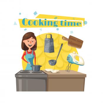 Housewife at kitchen cooking meal dishes or soup on stove in saucepan or frying pan. Vector poster of Mother or wife woman at home, tableware or dishware mixer, rolling pin or ladle and grater