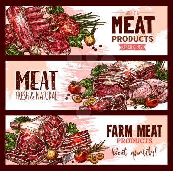 Butchery shop meat product banners set for farmer market. Vector design of meat brisket, ribs and chicken or sirloin brats and bacons, fresh raw wiener end cervelat sausages, beef or pork steaks
