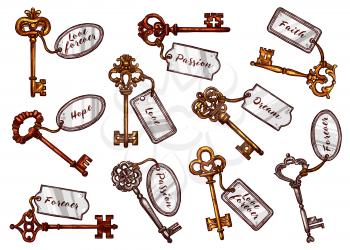 Vintage keys on keychain tags with names to open door for dream, love or hope and passion. Vector heraldic old brass or metal bronze forged keys with ornate and flourish bows or wards