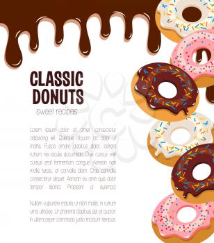 Donut desserts poster for bakery shop or pastry cafe and cafeteria or patisserie. Vector design of chocolate donut cakes or biscuits with caramel candy and cacao dripping fondant glaze