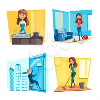 Home cleaning and homework concept vector flat design. Man cleaning windows on skyscraper building, woman washing dishes at kitchen sink or cleansing room with vacuum cleaner and mop