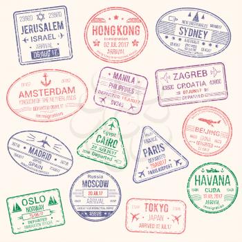 Passport travel stamps icons with city names Jerusalem, Hong Kong, Sydney, Amsterdam and Zagreb, Paris or Havana, Beijing or Madrid and Moscow. Vector isolated set of country migration arrival entry
