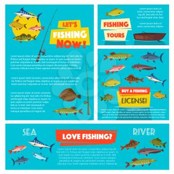 Fishing sport poster template with sea and river fish. Fishing boat, rod and tackle cartoon banner with salmon, tuna, trout, perch, flounder, mackerel, sheatfish and herring. Fishing themes design