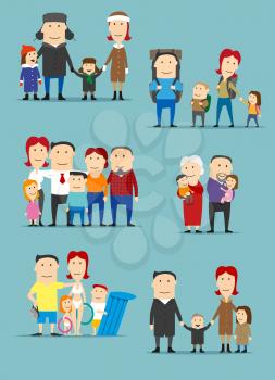 Family cartoon characters set. Big family standing together with father, mother, son, daughter, grandmother and grandfather, going on walk, hiking with backpacks, grandparents with grandkids on hands