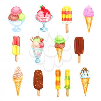 Ice cream, cold dessert food watercolor set. Ice cream cone, bar on stick, sundae ice cream scoop, popsicle and gelato with vanilla, chocolate, mint and fruit flavor, decorated with strawberry and nut