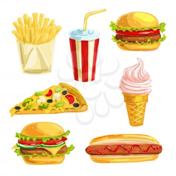 Fast food lunch meal with dessert hand drawn watercolor set. Hamburger, hot dog, cheese pizza slice, sweet soda drink, cheeseburger, french fries and ice cream cone for fast food snacks menu design