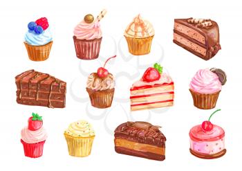 Cake and cupcake dessert set with watercolor illustration of sweet food. Cake, cupcake, cream fruit dessert, chocolate brownie, muffin, strawberry pie and cheesecake with whipped cream and berry