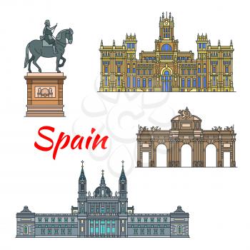 Spanish travel landmark of Madrid thin line icon set. Cybele Palace, catholic Almudena Cathedral, triumphal arch Alcala Gate and Plaza Mayor Statue Of King Philip 3 for travel and tourism design