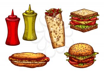 Fast food burger and sandwich sketch set. Isolated fast food lunch dishes of hamburger, hot dog, cheeseburger, sandwich with ham and vegetable, mexican burrito, ketchup and mustard sauce
