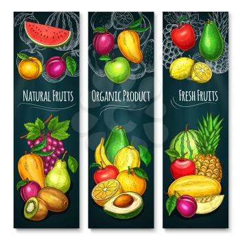Exotic fruits product banners set of fresh grape, tropical pineapple or kiwi and apple or peach. Vector design of farm grown apricot and pear, melon or watermelon and avocado or mango with papaya
