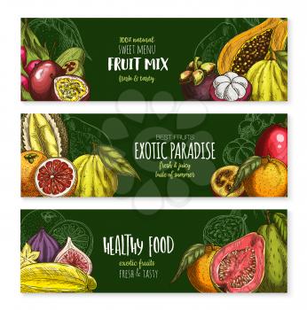 Fruits banners of exotic figs, passion fruit or guava and feijoa or carambola star fruit for menu. Vector mix of exotic durian, papaya or dragon fruit pithaya and tropical lychee or rambutan