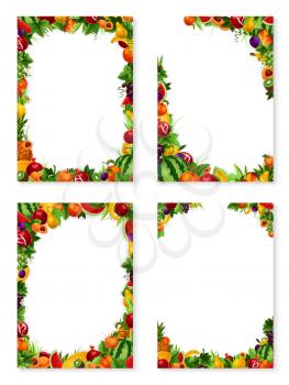 Exotic fruits frames templates set of fresh fruit harvest. Vector design of apricot, peach or mango and papaya, farm fresh watermelon, pineapple or lemon citrus and plum or garden apple and avocado