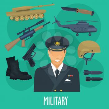 Military man occupation vector poster with weapon guns, ammunition clothes and transport machines or wartime helicopter aircraft. Special forces squad arms of army soldier in armored camouflage