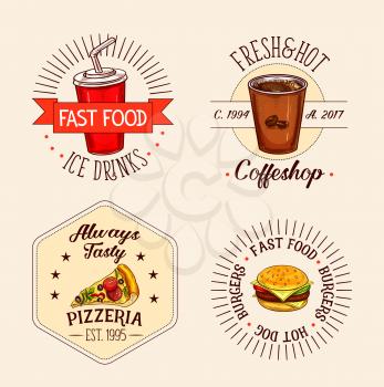 Fast food icons set of soda drink and coffee cup for coffeeshop, cheeseburger or hamburger sandwich and pizza slice for pizzeria bar. Vector isolated symbols for fastfood restaurant or menu