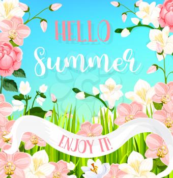 Hello Summer greeting card of flourish bouquets of blooming orchid flowers and magnolia blossoms in pink ribbon. Vector summertime butterfly on roses, daisy or lily petals for summer holidays