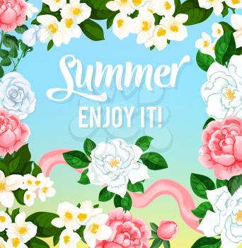 Summer holidays greeting card design of blooming flowers and flourish bouquets. Vector bunches of summertime roses, crocuses or magnolia and orchid blossoms with pink ribbon
