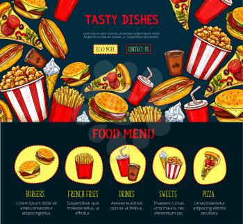 Fast food restaurant landing page or web site template design. Vector menu for burgers and sandwiches, pizza, hotdog and cheeseburger, popcorn and fastfood chicken grill, french fries or ice cream des