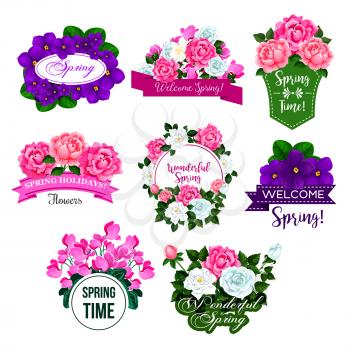Spring season floral icon set. Springtime floral frame and flower bouquet of rose, peony, crocus, violet and cyclamen with green leaf and bud, adorned by ribbon banner for spring holidays design