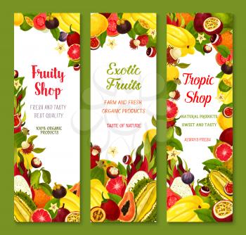 Exotic fruits vector banners set of tropical guava or carambola, avocado and passionfruit, figs and juicy dragon fruit, feijoa or mangosteen, mango or papaya and orange grapefruit harvest