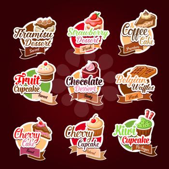 Desserts stickers set. Vector isolated icons of tiramisu torte, strawberry and fruit pie and coffee cake, chocolate biscuit or belgian waffles, cherry and kiwi cupcake for bakery shop or patisserie