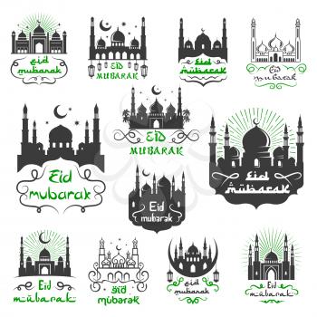 Eid Mubarak Muslim religious festival greetings set with Arabic calligraphy, mosque minarets and crescent moon or twinkling star. Vector icons for traditional Islamic Blessed Eid Mubarak celebration
