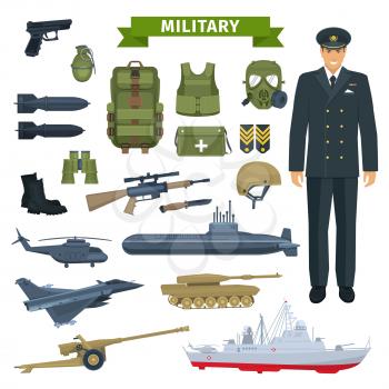 Military man with weapon, transportation, personal equipment icon set. Gun, rifle, grenade, helmet, boots, body armour, backpack, knife, tank, combat airplane, helicopter, submarine, warship, howitzer