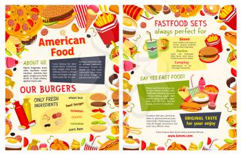 Fast food restaurant poster. Takeaway menu template of fast food dishes with burger ingredients and text layout, edged by hamburger, hot dog, pizza, donut, soda, french fries, cake, ice cream, burrito
