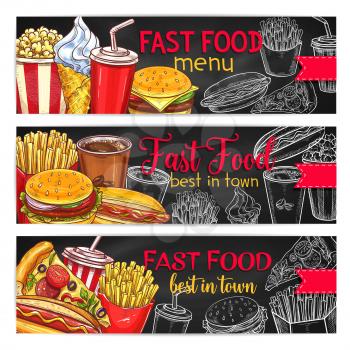 Fast food menu chalkboard banner set. Hamburger, hot dog, french fries, coffee, pizza, sweet soda, ice cream cone and popcorn chalk sketches on blackboard for fast food restaurant menu design