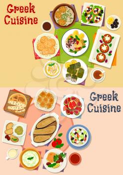 Greek cuisine lunch menu icon set of vegetable salad with olive, cheese and seafood, meat dolma, meatball pasta, olive bread, dip sauce, fruit salad, cake, cookie, yogurt dessert, eggplant casserole