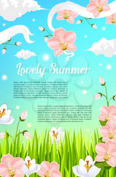 Summer time flowers poster design of blooming meadow with pink roses, orchid blossoms and filed of crocuses. Vector butterflies in summertime sky clouds and flourish ribbons on crocuses or magnolia