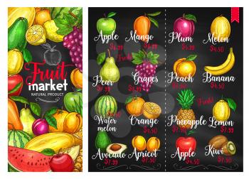 Fruit chalkboard poster template. Fruit market price list with orange, apple, banana, lemon, pineapple, mango, peach, watermelon, plum, grape, pear, avocado, melon, kiwi, apricot chalk sketches