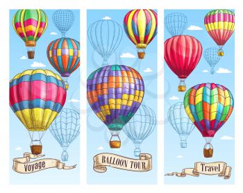 Balloon tour travel banner set. Hot air balloon with basket flying in blue sky sketch with vintage ribbon banner and paper scroll below for air travel, holiday adventure, retro transportation design
