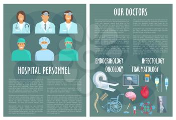 Medical personnel and doctor of oncology, traumatology, infectology and endocrinology hospital poster template with pill, heart, brain, blood, bone x-ray, spine and MRI. Healthcare staff themes design