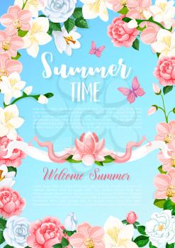 Summer time floral design of pink and red roses, blooming orchid or iris blossoms in summertime meadow. Vector butterflies on flowery blossoms and magnolia petals for Welcome Summer holiday greeting