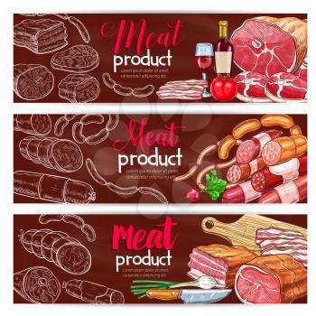 Butchery shop banners set. Vector design of butcher meat products and delicatessen. Farm fresh sausages, ham or bacon and barbecue steak brisket with sirloin or tenderloin lump, salami and pepperoni