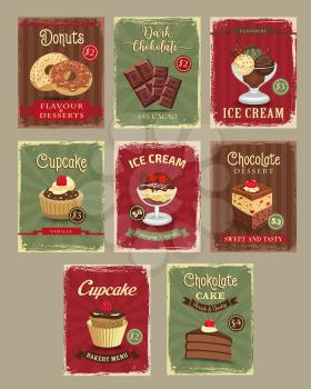 Desserts price cards in retro vintage design. Vector menu posters set of cakes and donuts, ice cream and chocolate cakes or pies, tiramisu torte and fruit biscuits for bakery shop or cafeteria