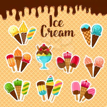 Ice cream and frozen desserts poster. Vector design of fruit or berry soft cream scoops in wafer cone, sundae or berry sorbet in candy or caramel glaze on wafer and chocolate fondant dripping