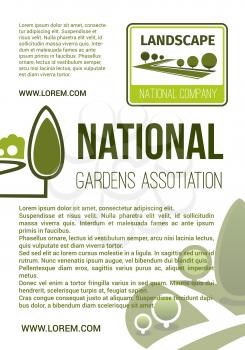 Parks planting and gardens landscape poster for company or eco environmental association. Vector design green trees on squares, nature greenery and woodland or parkland forest