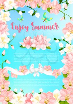 Enjoy Summer poster of flourish frame of blooming orchid flowers and blossoms in pink flourish ribbon. Vector summertime butterfly on roses or magnolia bouquets for summer holidays greeting card