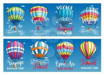 Hot air balloon festival or entertainment travel voyage banners for tourism agency or vacation tour holidays. Vector balloons sketch design with patterns of zig zag, checkered and stripes