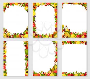 Frames of exotic and garden fruits harvest of fresh papaya, figs or grapefruit and orange, mango, avocado and tropical pineapple or lichee and mangosteen, maracuya passion fruit. Vector templates set