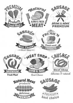Meat products and sausages icons of premium butchery or meat market shop. Vector isolated brisket ham or bacon, brats, wiener and frankfurter sausages, salami or cervelat and beefsteak or chicken leg
